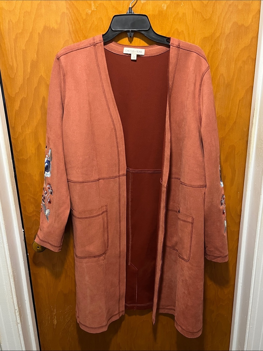 Embroidered Open-Front Cardigan - Rust
